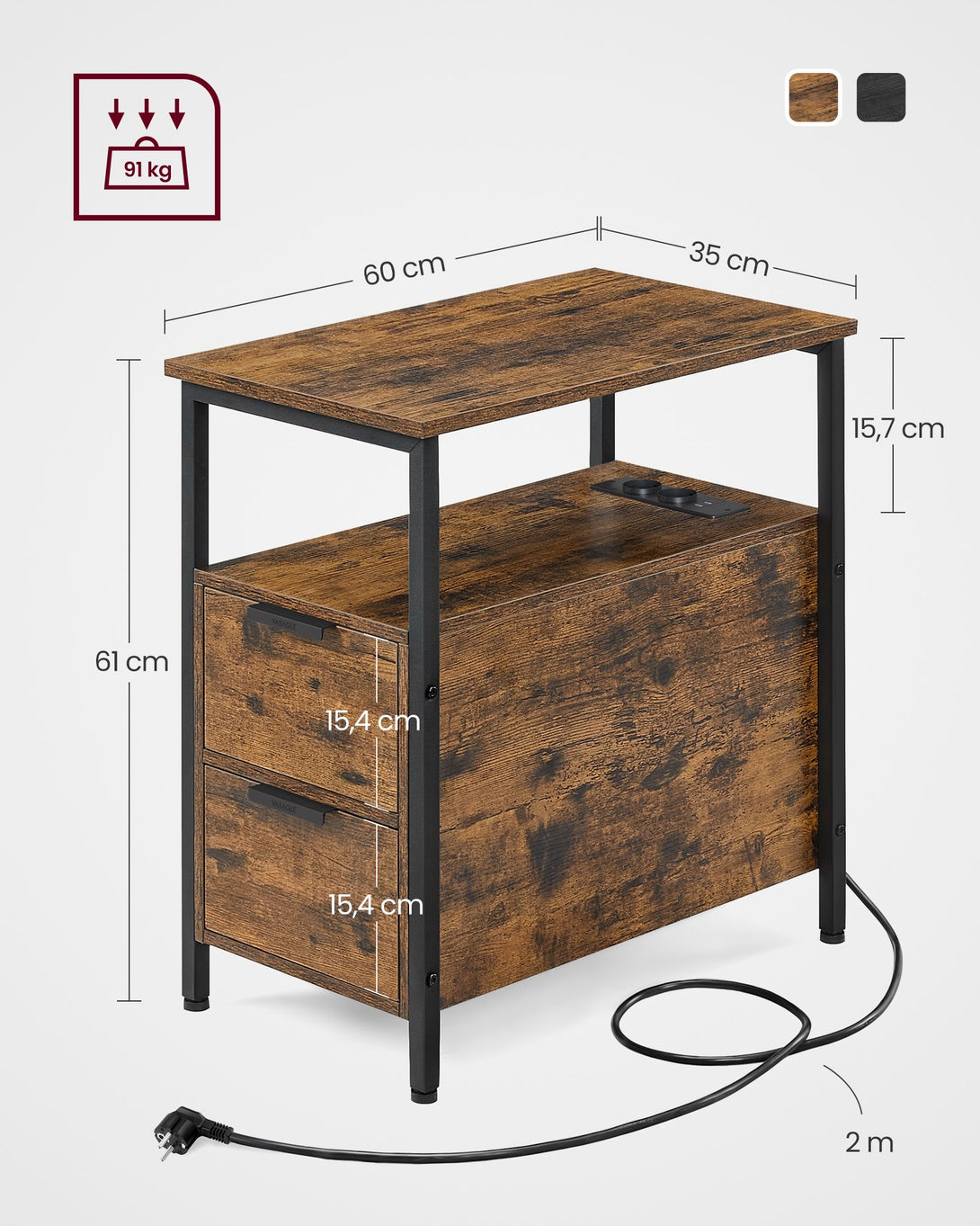 Nočna omarica z vtičnicami, 60 x 35 x 61 cm, rjavo-črna | VASAGLE-Vasdom.si