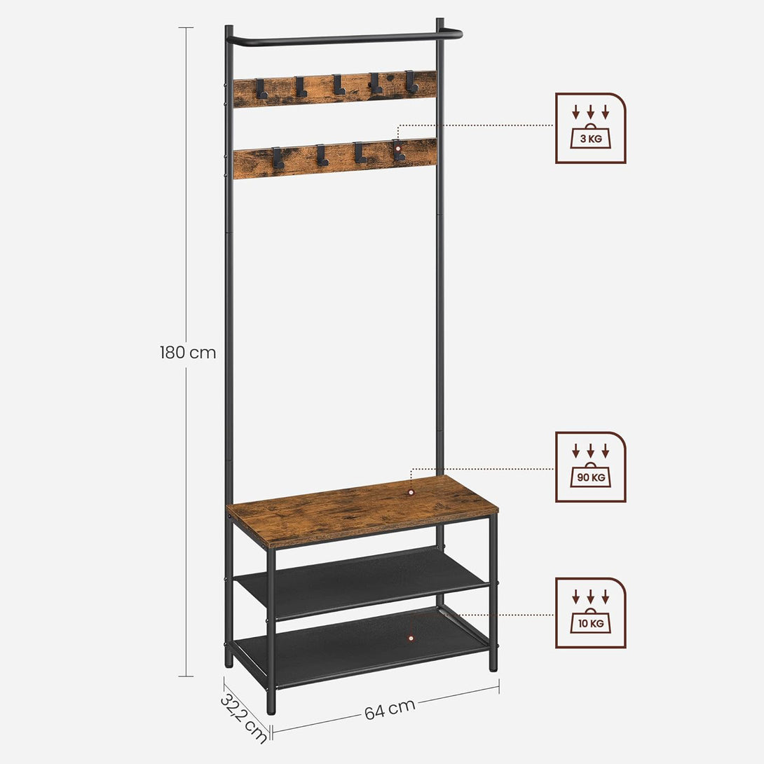 Obešalnik s klopjo in 2 policama za čevlje, 32.2x64x180 cm, rjava črna | VASAGLE-Vasdom.si