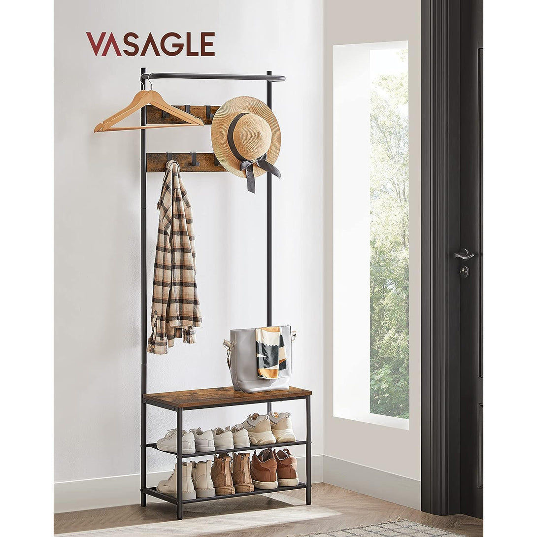 Obešalnik s klopjo in 2 policama za čevlje, 32.2x64x180 cm, rjava črna | VASAGLE-Vasdom.si
