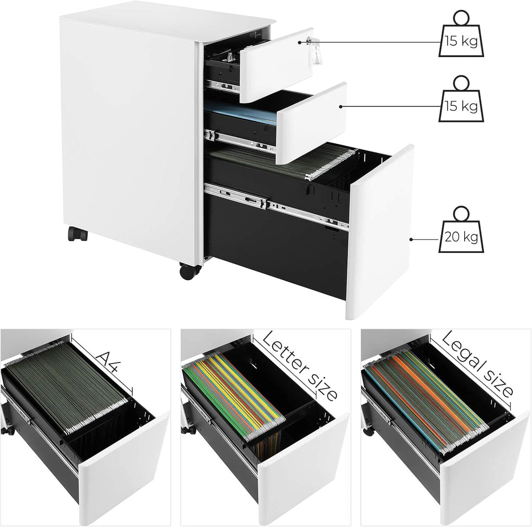 Omarica na kolesih, pisarniška omara s kolesi in ključavnico, bela | SONGMICS-Vasdom.si