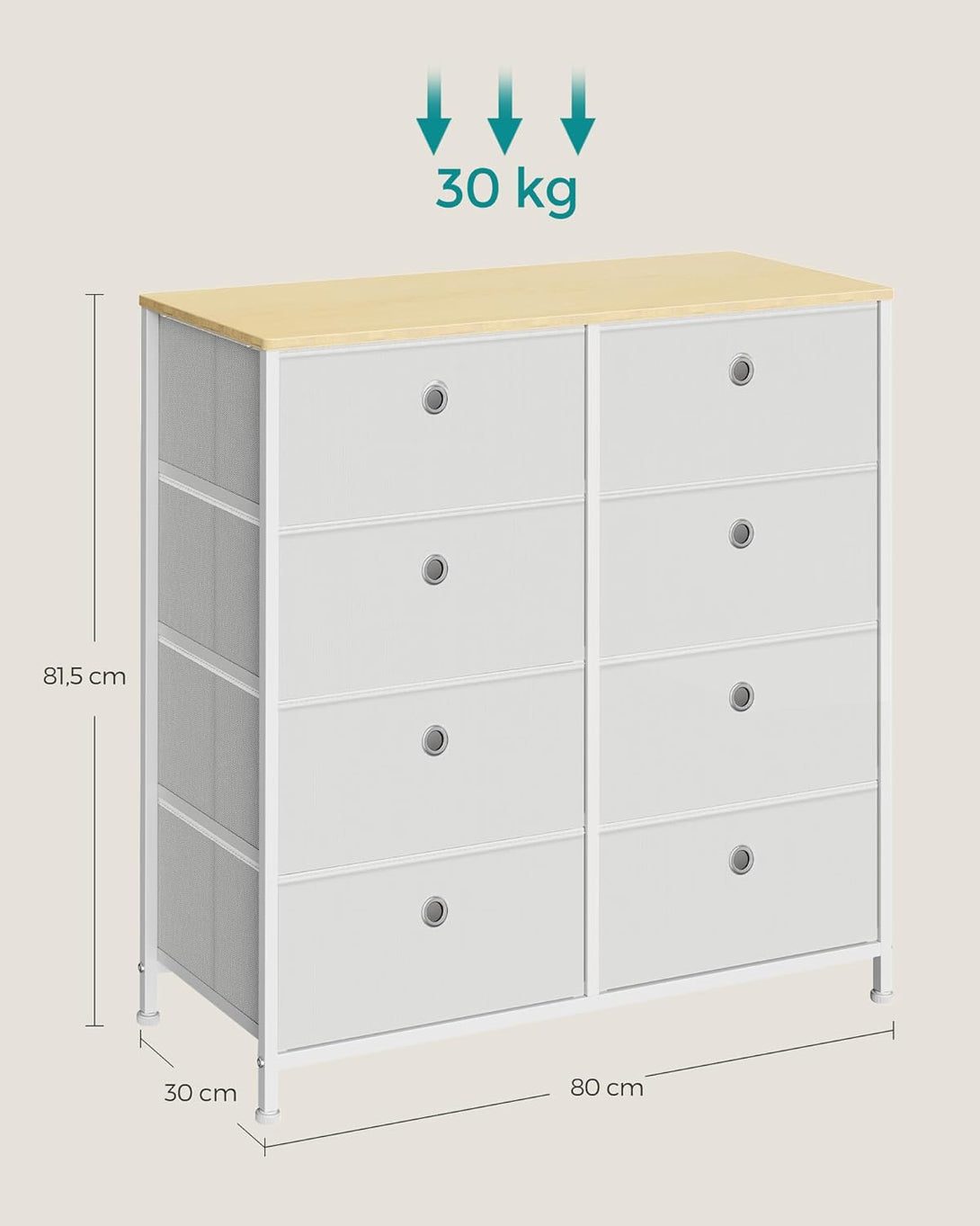 Omarica z 8 platnenimi predali, komoda 30 x 80 x 81,5 cm, kremno bela | SONGMICS-Vasdom.si