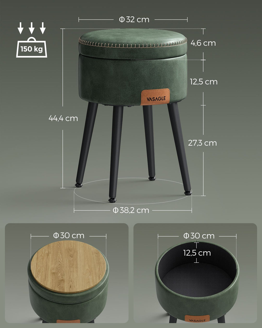 Otomanski stol, stol za toaletno mizo, zelena | VASAGLE-Vasdom.si