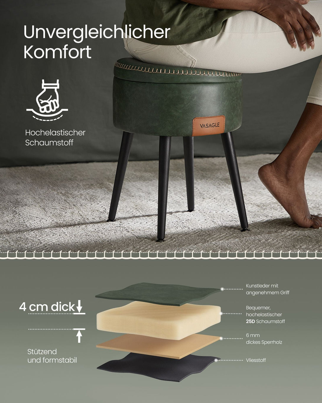 Otomanski stol, stol za toaletno mizo, zelena | VASAGLE-Vasdom.si
