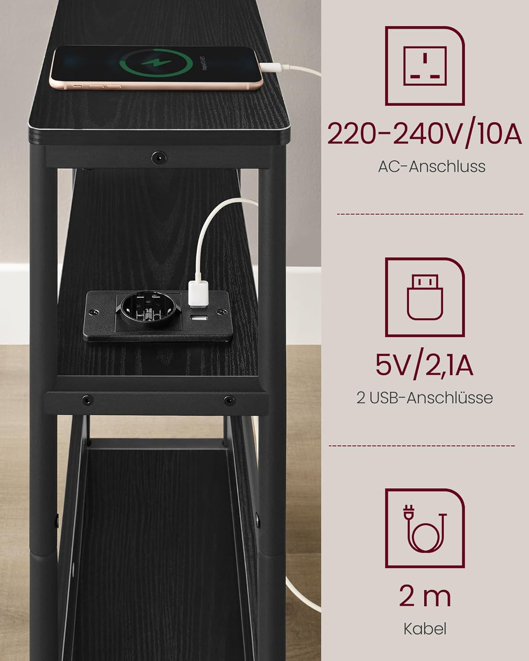 Ozka stranska miza s funkcijo polnjenja, 3 police, črna | VASAGLE-Vasdom.si