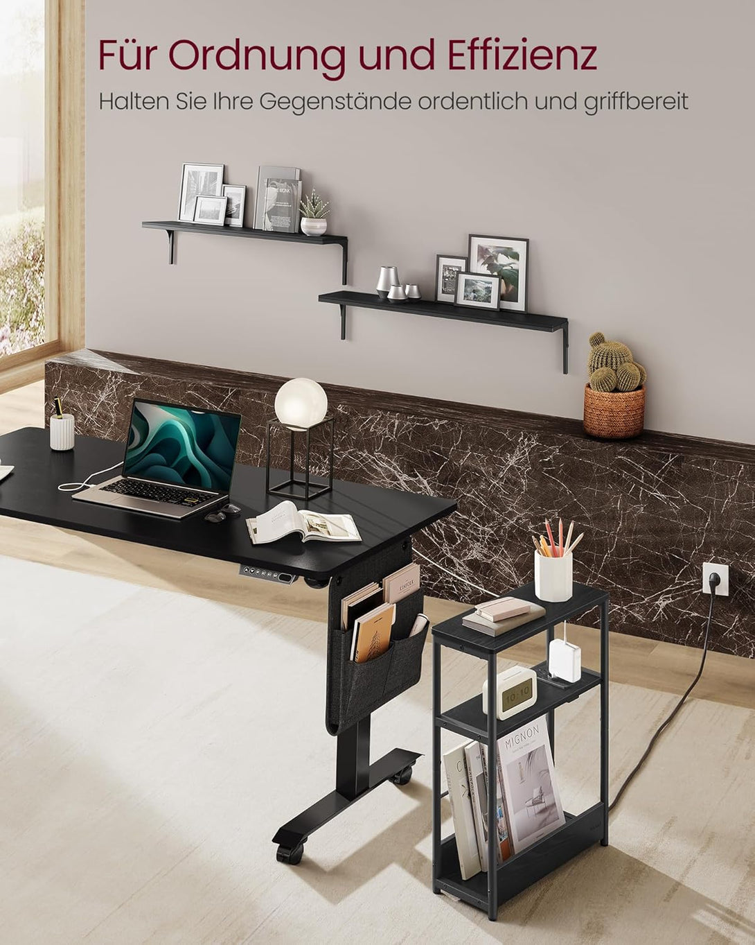 Ozka stranska miza s funkcijo polnjenja, 3 police, črna | VASAGLE-Vasdom.si