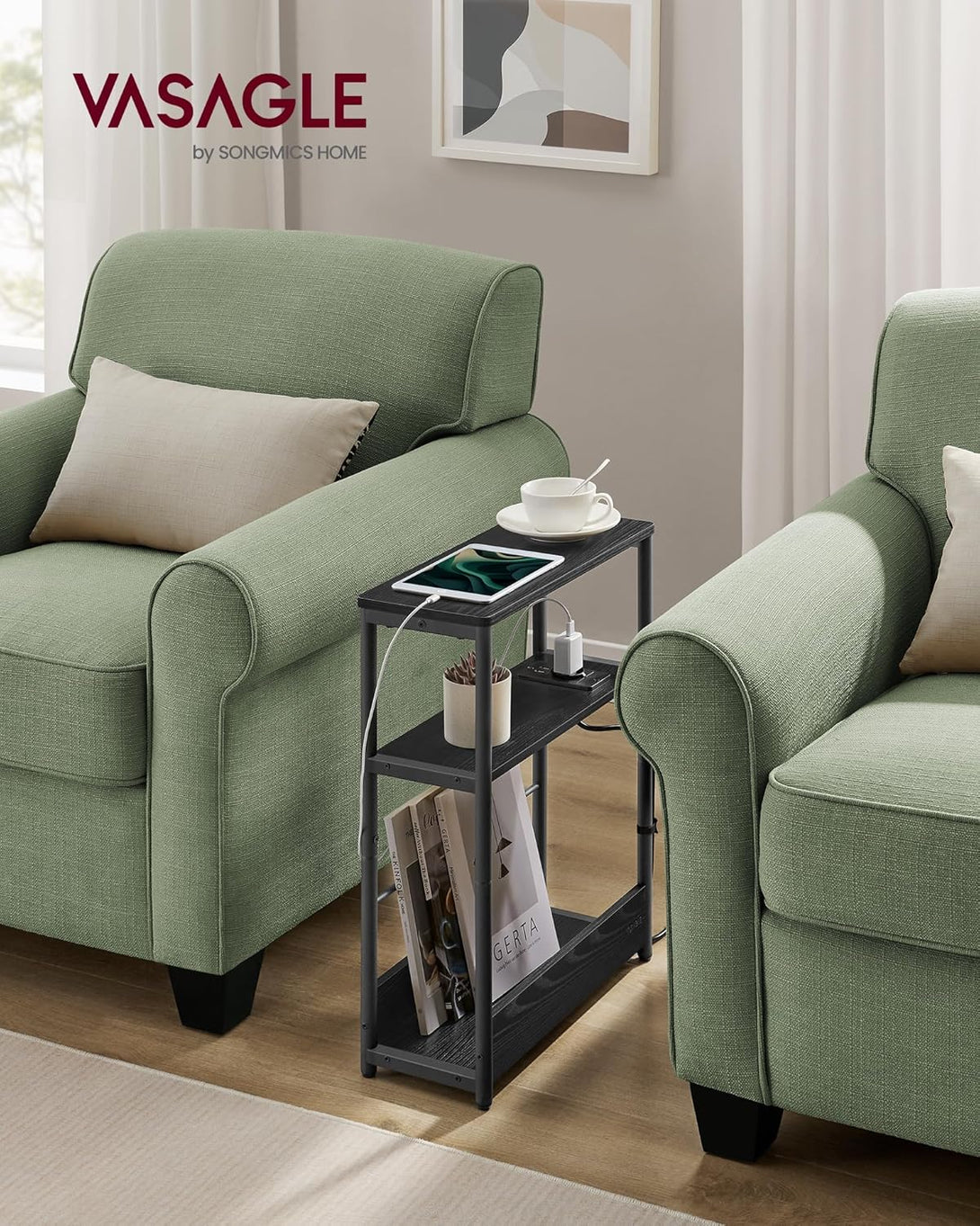 Ozka stranska miza s funkcijo polnjenja, 3 police, črna | VASAGLE-Vasdom.si