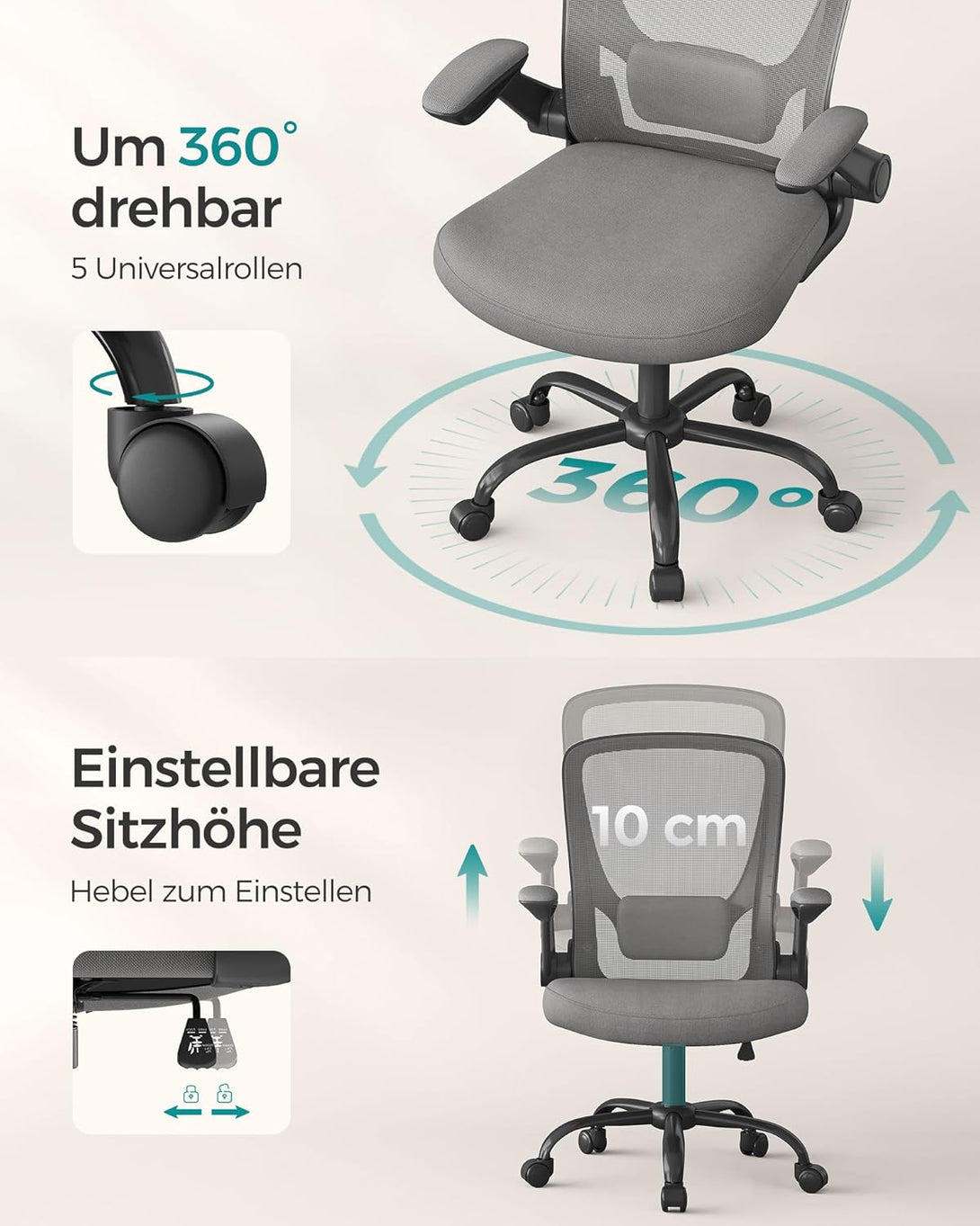 Pisarniški ergonomski mrežasti vrtljivi stol, siva | SONGMICS-Vasdom.si