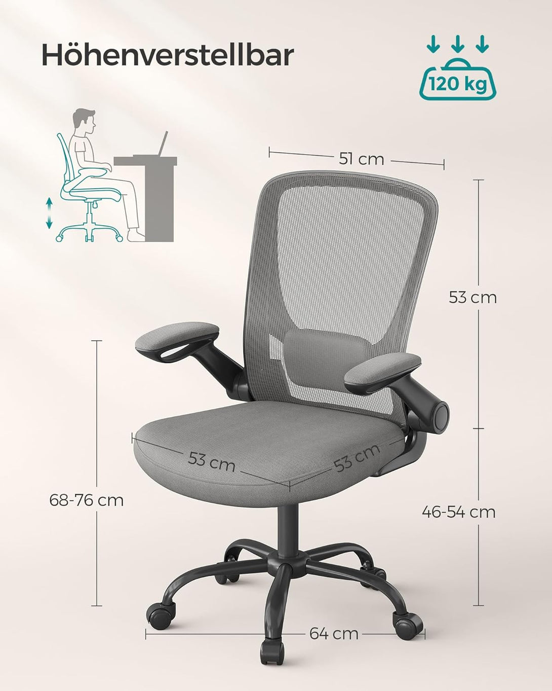 Pisarniški ergonomski mrežasti vrtljivi stol, siva | SONGMICS-Vasdom.si