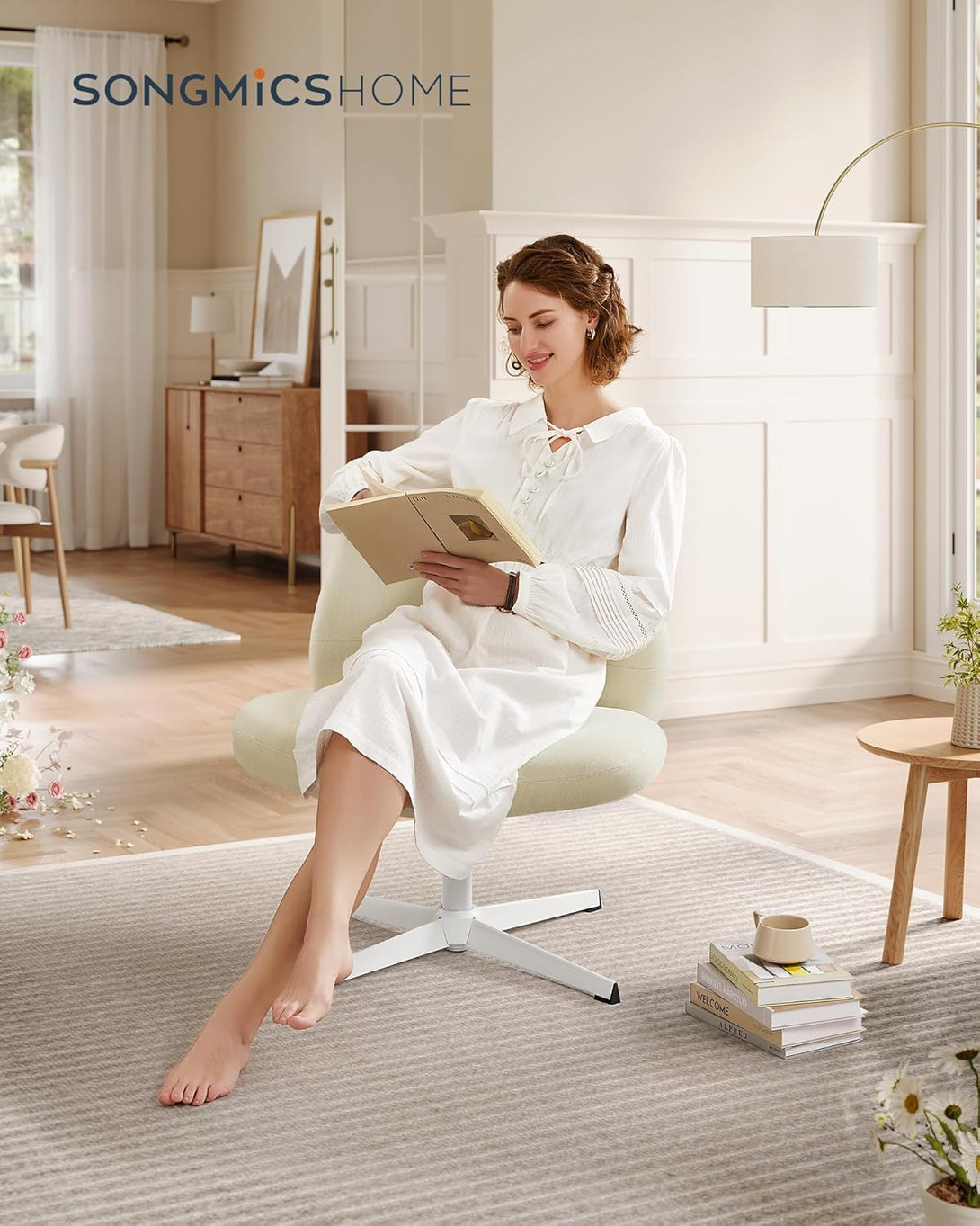 Pisarniški stol, vrtljiv stol brez naslonov za roke, krem bela | SONGMICS-Vasdom.si