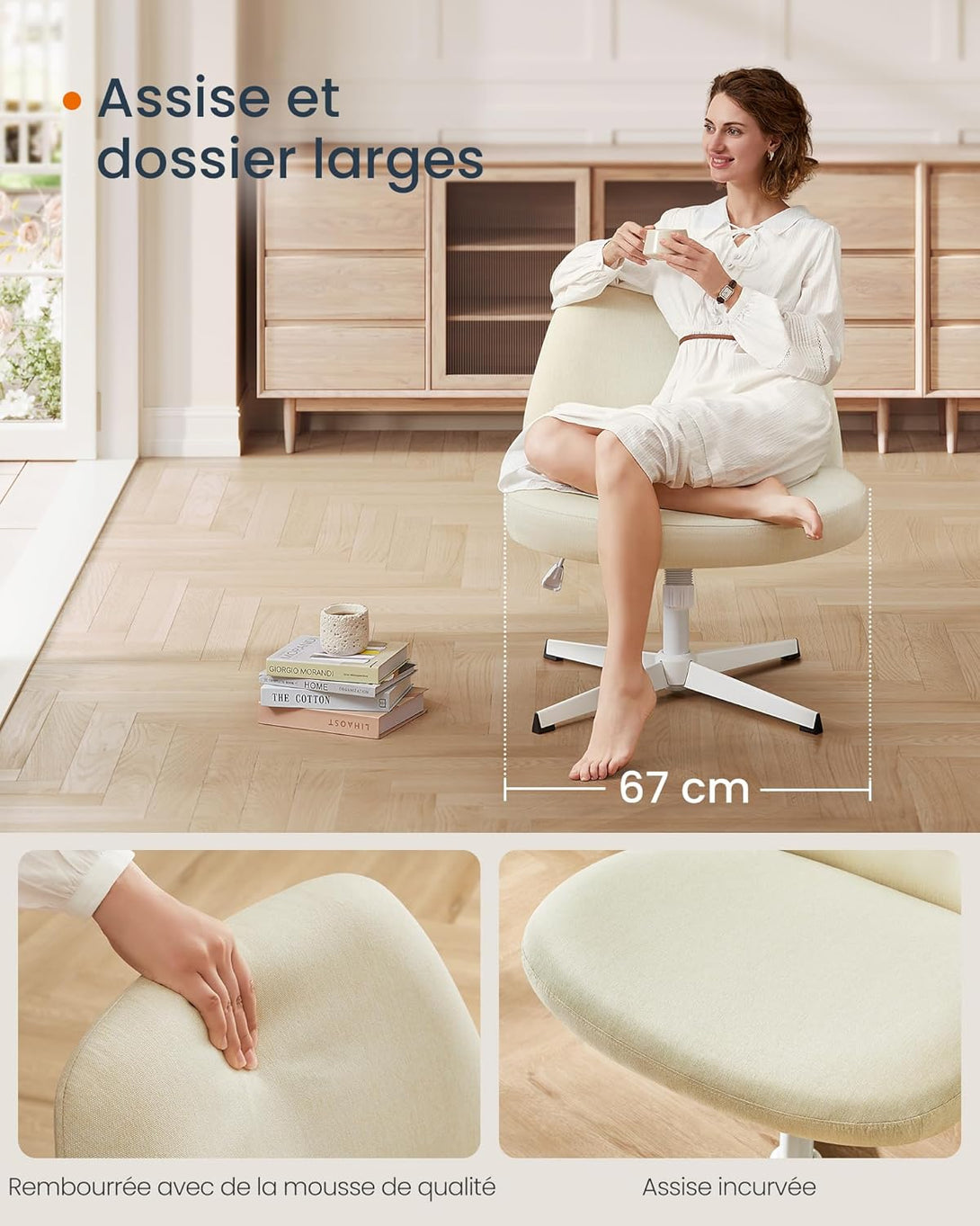 Pisarniški stol, vrtljiv stol brez naslonov za roke, krem bela | SONGMICS-Vasdom.si