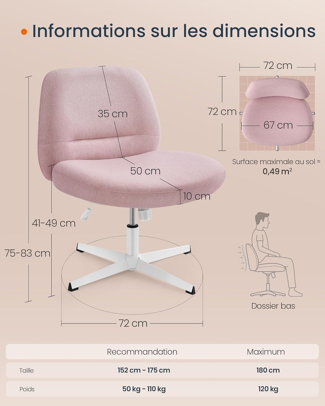 Pisarniški stol, vrtljiv stol brez naslonov za roke, pastelno roza | SONGMICS-Vasdom.si