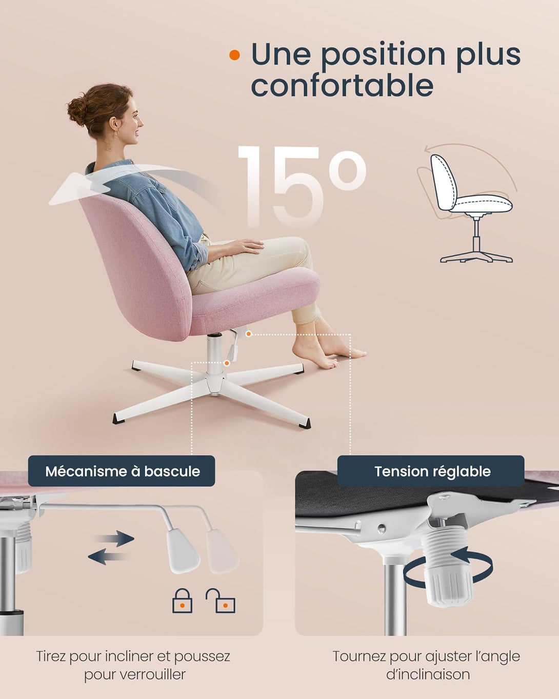 Pisarniški stol, vrtljiv stol brez naslonov za roke, pastelno roza | SONGMICS-Vasdom.si