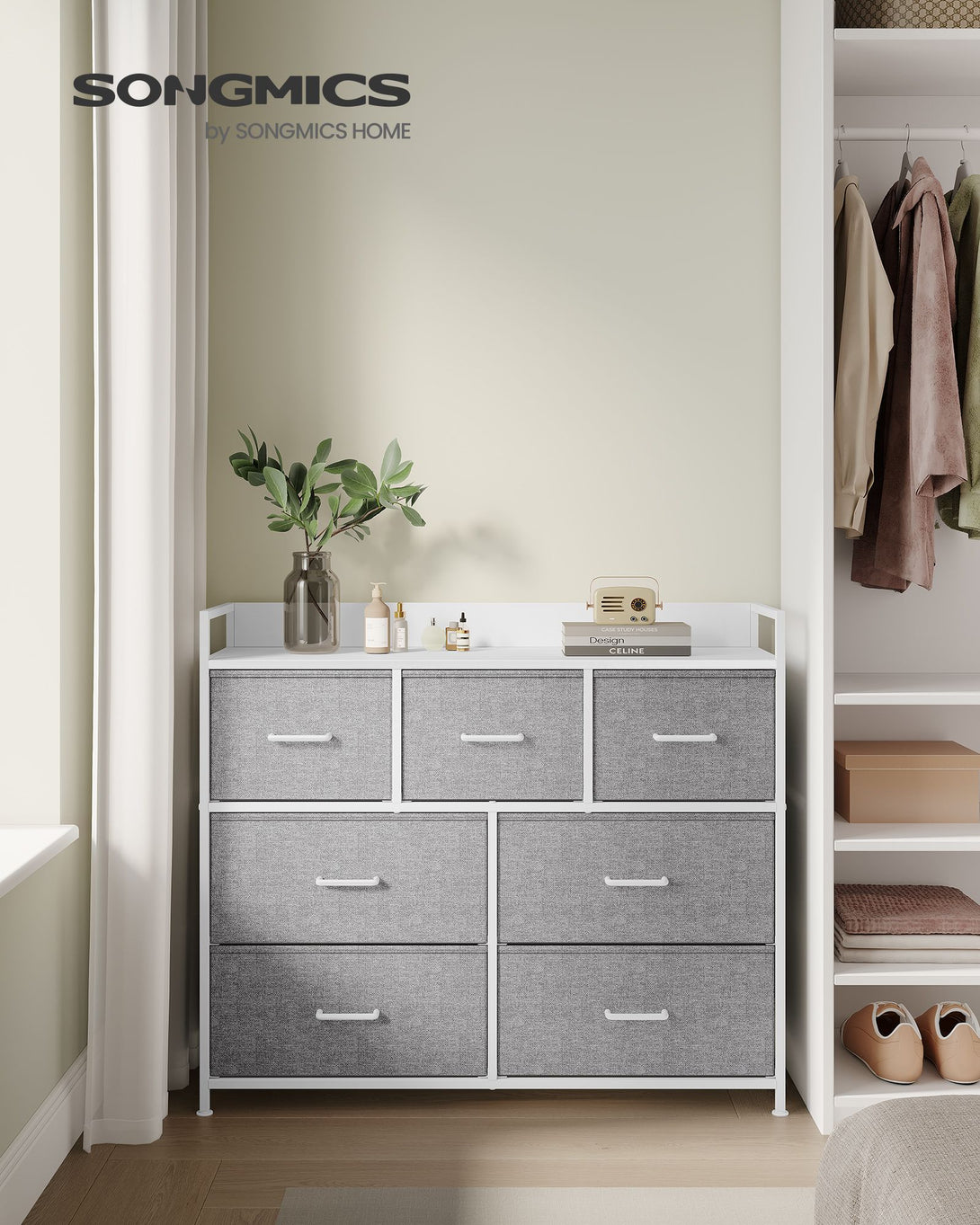 Predal s 7 predali iz blaga, 28,5 x 98 x 85 cm, sivo-bela | SONGMICS-Vasdom.si