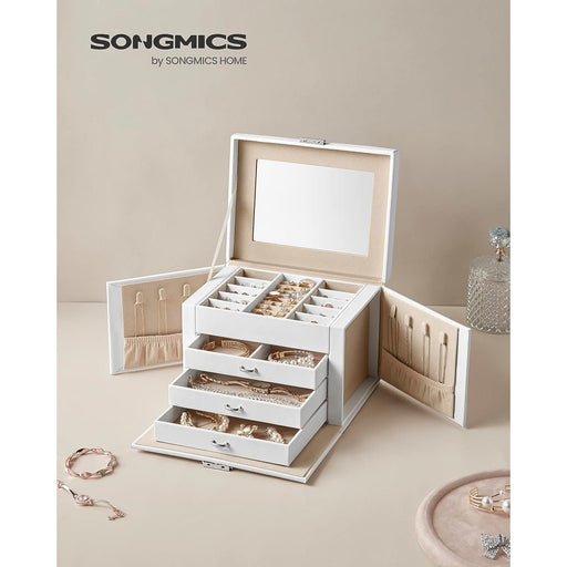 Škatla za nakit, organizator nakita s 4 nivoji, pladnji za nakit na zaklepanje, žametna podloga, bela | SONGMICS-Vasdom.si