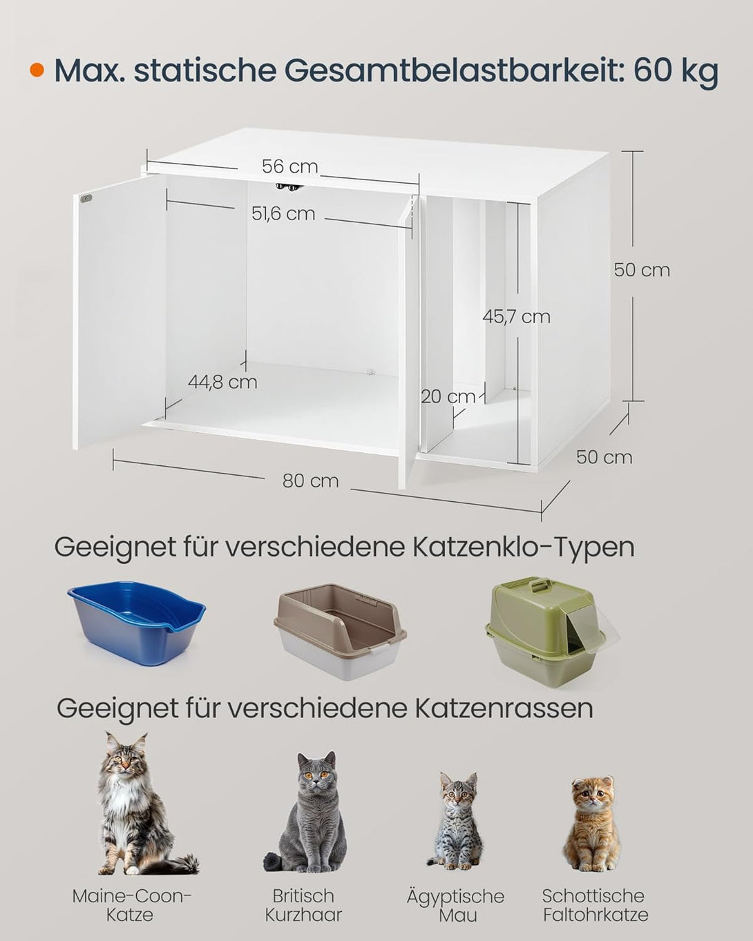 Skrit WC za mačke, hišica za mačke, 80 x 50 x 50 cm, bela | SONGMICS-Vasdom.si