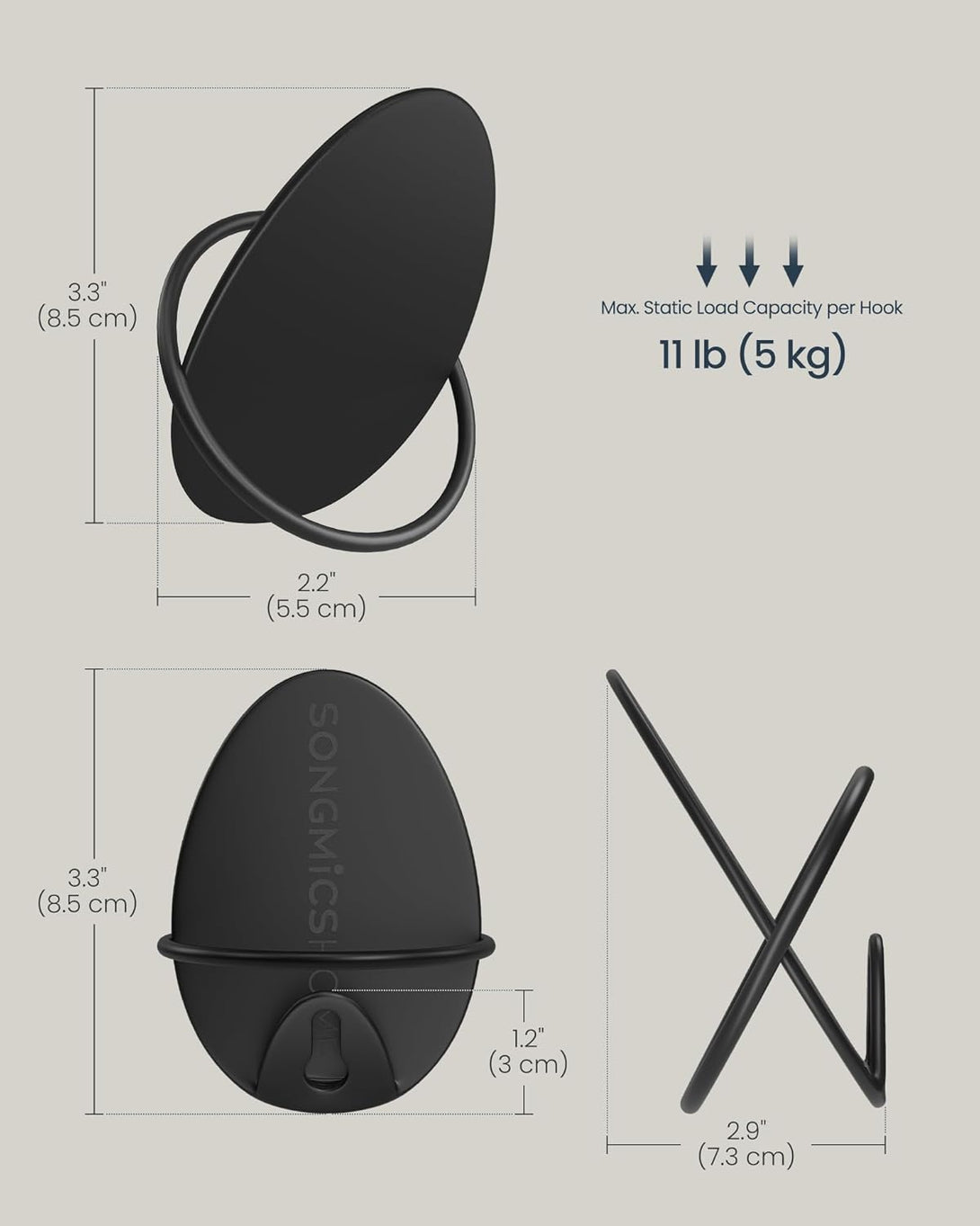 Stenski kavlji za obešanje plaščev, vsaka drži do 5 kg, črna | SONGMICS-Vasdom.si