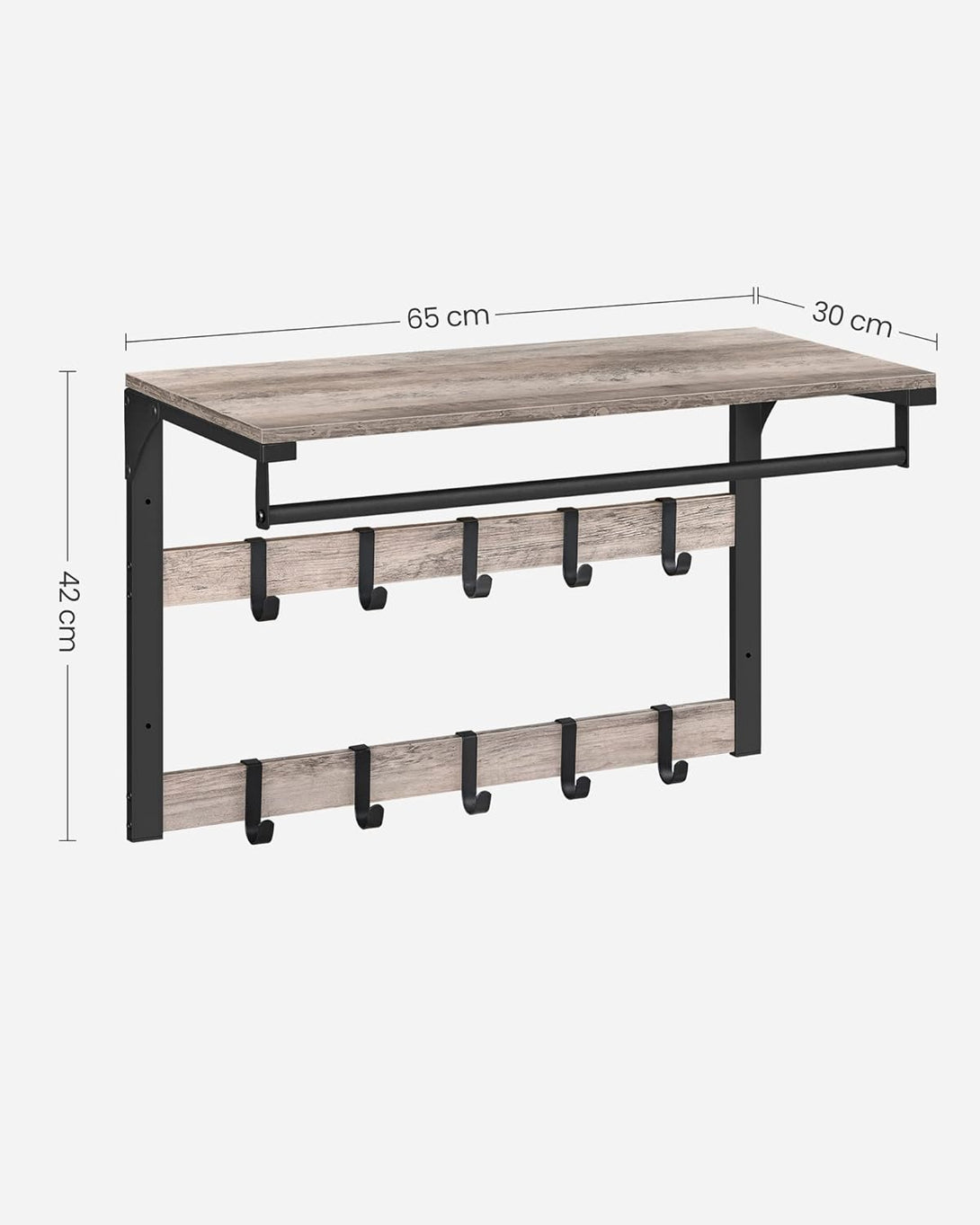 Stenski obešalnik, 10 odstranljivimi kavlji 30 x 65 x 42 cm, črna in siva | VASAGLE-Vasdom.si