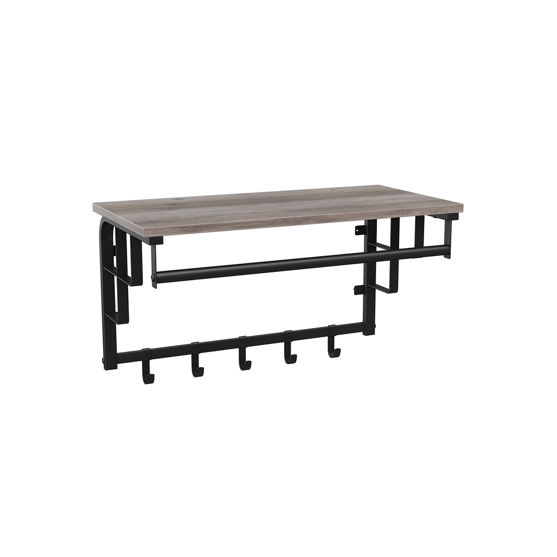 Stenski obešalnik s polico in kavlji, 60 x 30 x 27 cm, sivo-črna | VASAGLE-Vasdom.si