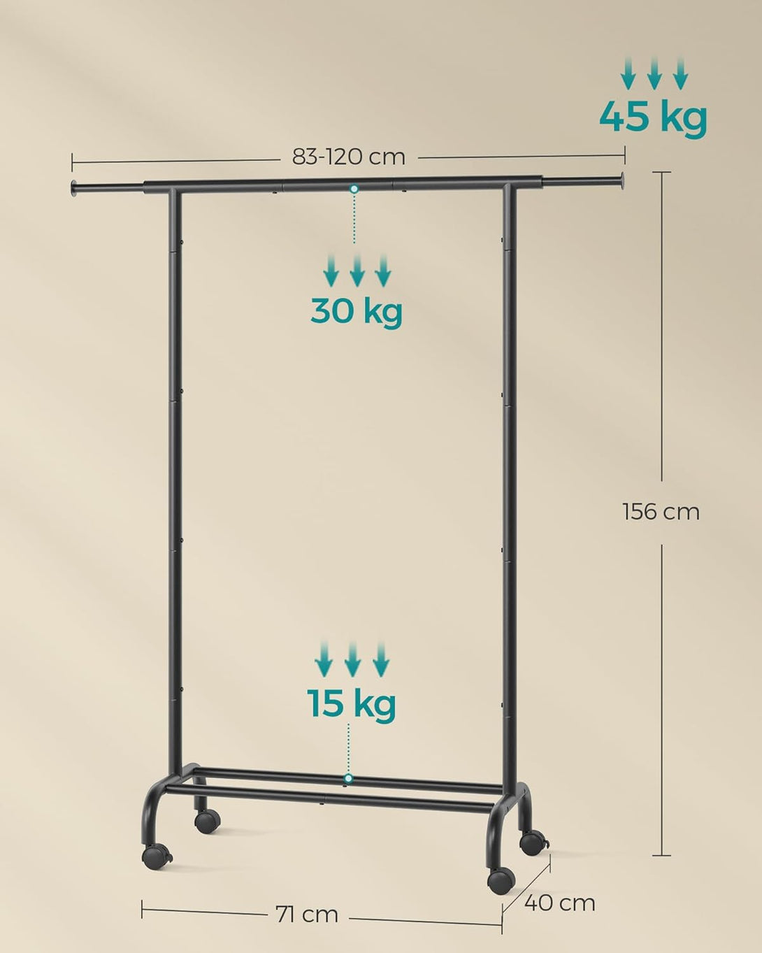 Stojalo za oblačila s kolesi, 40 x (83-120) x 156 cm, črna | SONGMICS-Vasdom.si