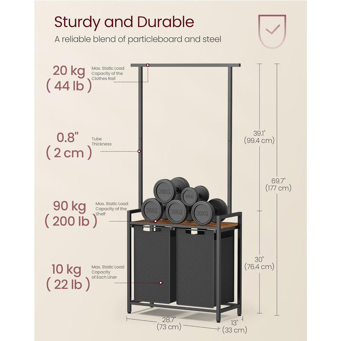 Stojalo za perilo, s polico za sortiranje perila in obešalnikom, rjava in črna | VASAGLE-Vasdom.si