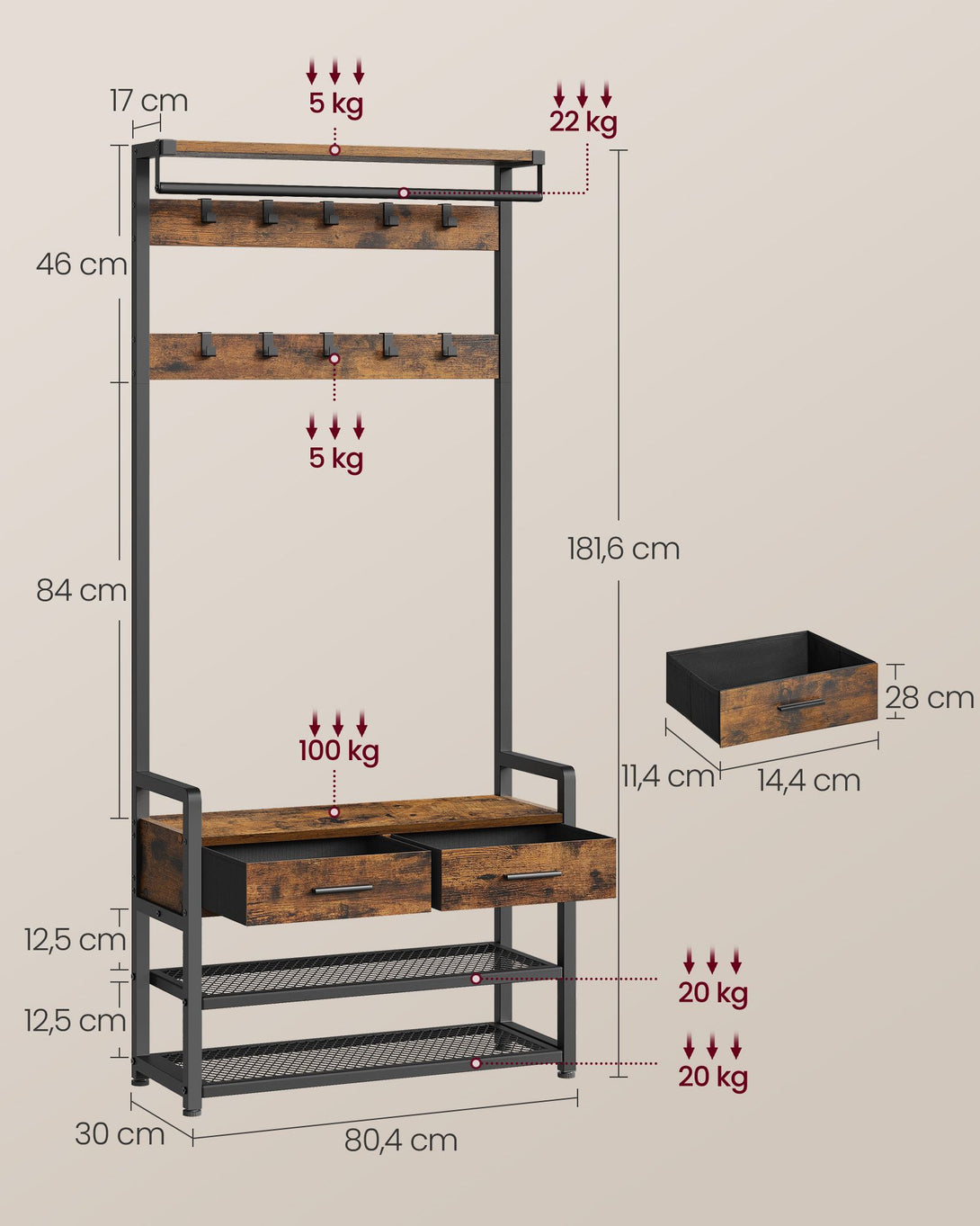 Stojalo za plašče s klopjo za čevlje, 30 x 80,4 x 181,6 cm, vintage rjava in črna| VASAGLE-Vasdom.si