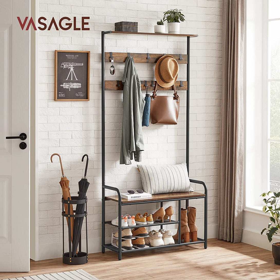 Stojalo za plašče s klopjo za čevlje, 30 x 85 x 180,5 cm, rustikalno rjava in črna | VASAGLE-Vasdom.si