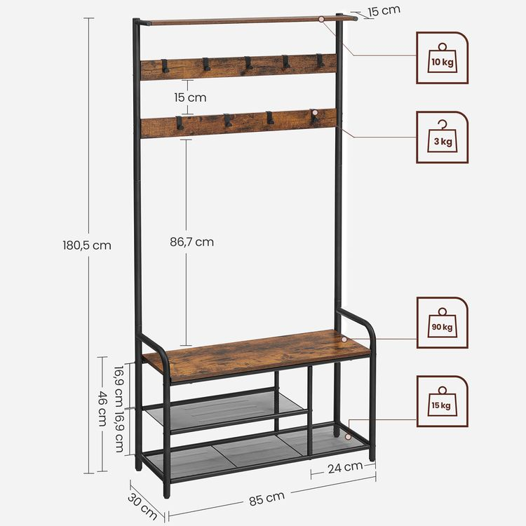 Stojalo za plašče s klopjo za čevlje, 30 x 85 x 180,5 cm, rustikalno rjava in črna | VASAGLE-Vasdom.si