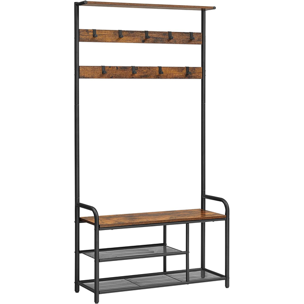 Stojalo za plašče s klopjo za čevlje, 30 x 85 x 180,5 cm, rustikalno rjava in črna | VASAGLE-Vasdom.si
