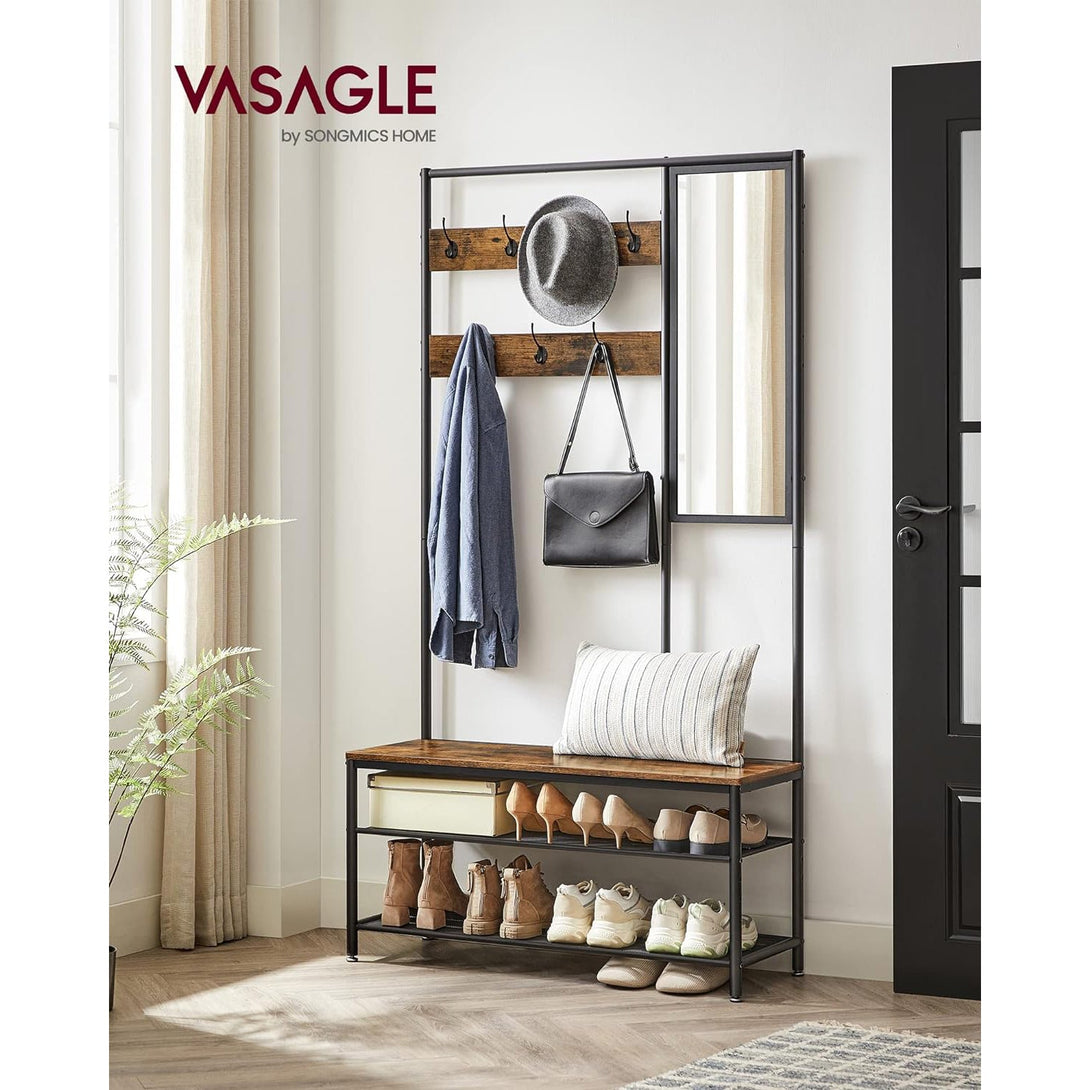 Stojalo za plašče s prostorom za shranjevanje čevljev, stojalo za oblačila z ogledalom, rustikalno rjava | VASAGLE-Vasdom.si