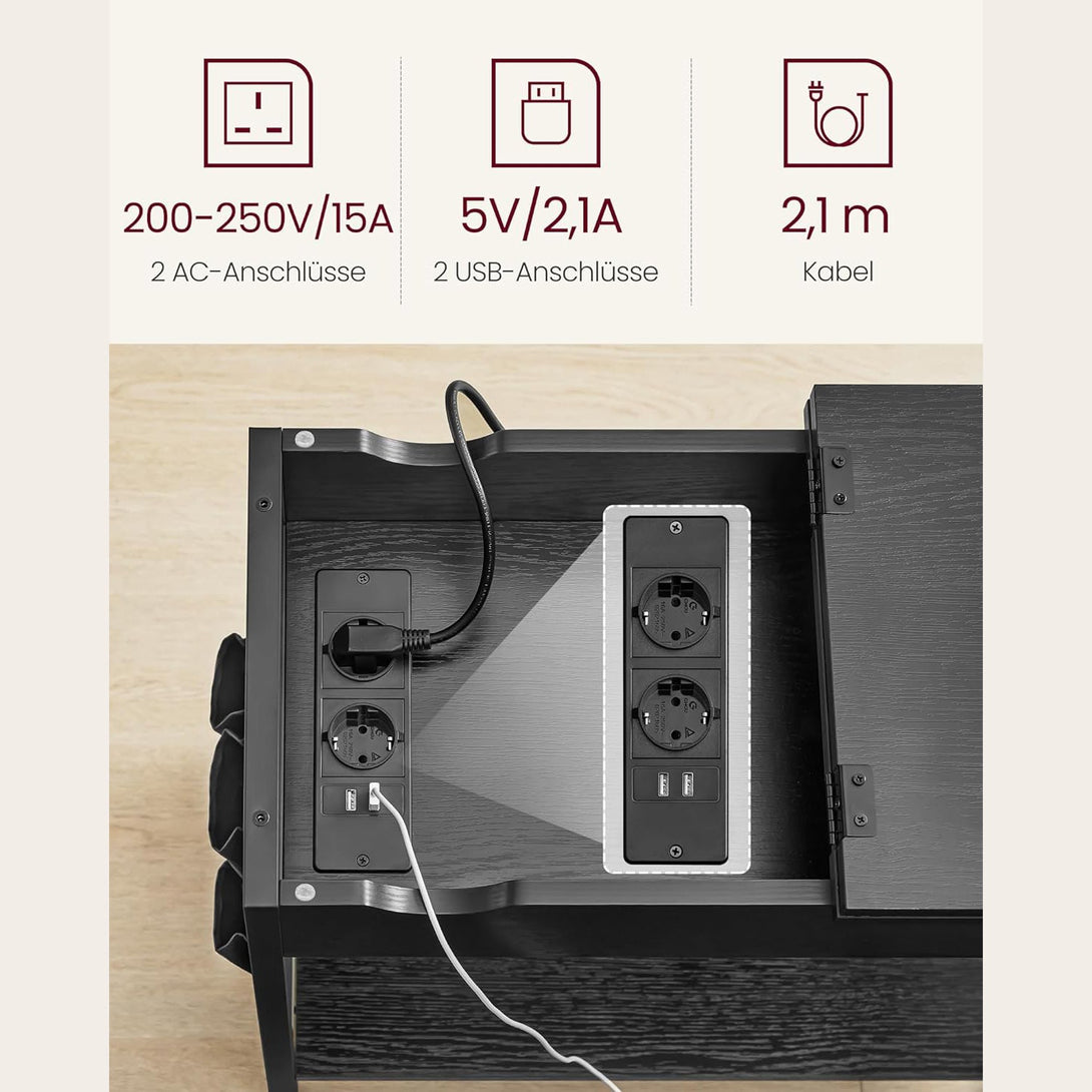 Stranska mizica, nočna omarica z USB vhodi, črna | VASAGLE-Vasdom.si