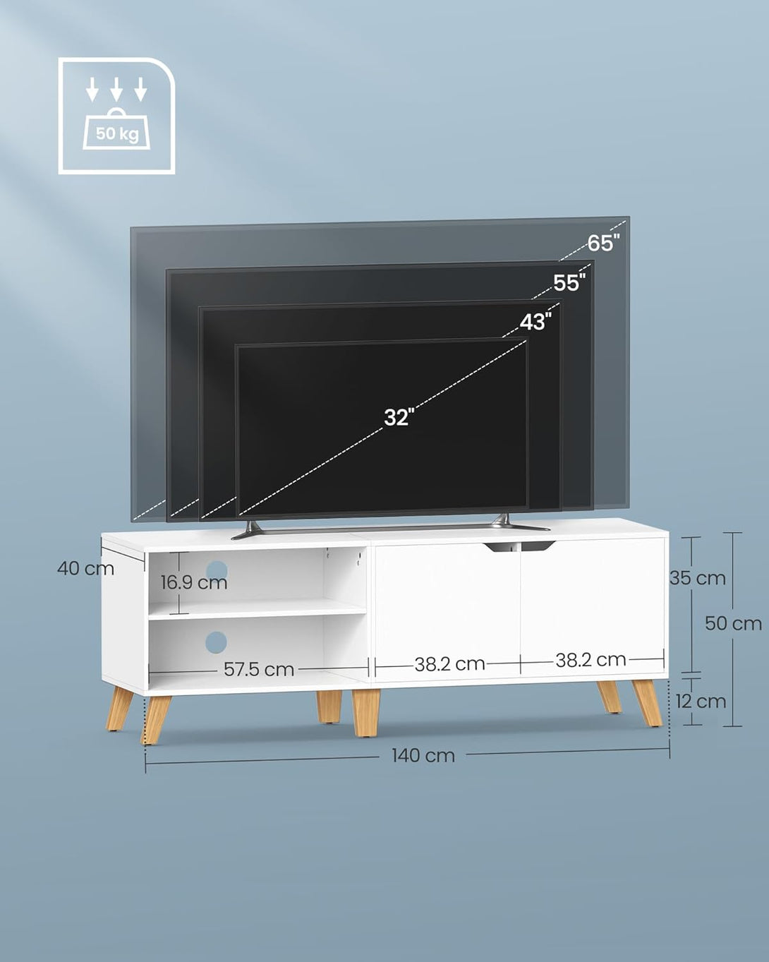 TV omarica z 2 vrati, 40 x 140 x 50 cm, bela | VASAGLE-Vasdom.si