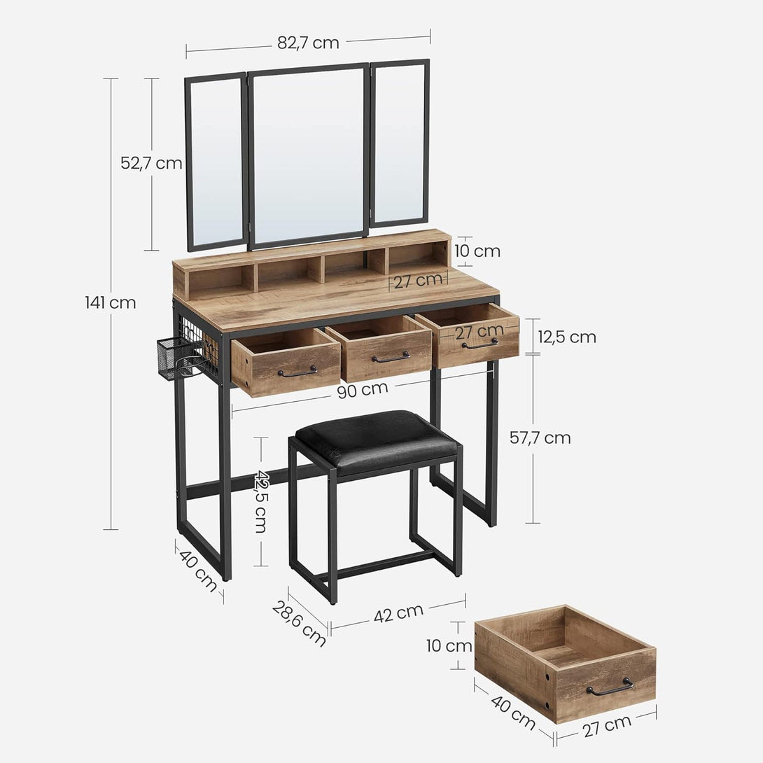 Toaletna miza z oblazinjenim stolom, ogledalo, 3 predali, rjavo-črna | VASAGLE-Vasdom.si