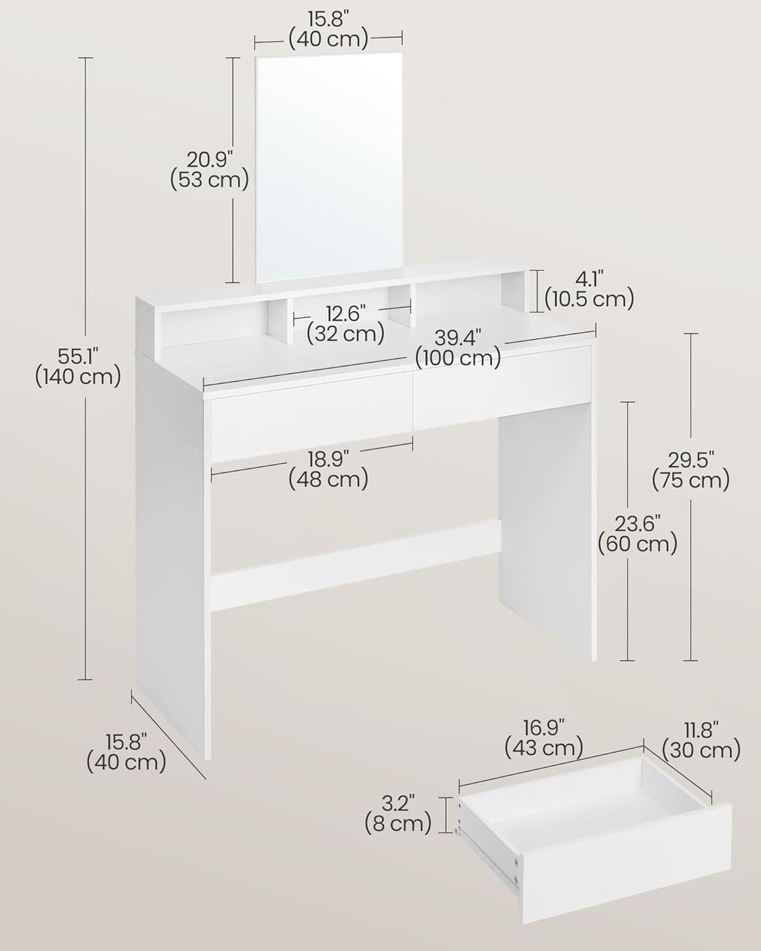 Toaletna miza z velikim ogledalom, 40 x 100 x 140 cm, bela | VASAGLE-Vasdom.si