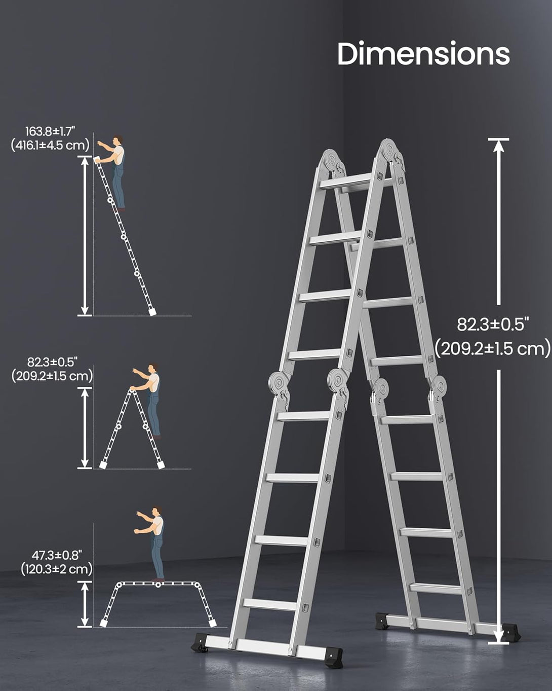Večnamenska zložljiva lestev, 6 v 1, dolžina 430 cm, srebrna | SONGMICS-Vasdom.si