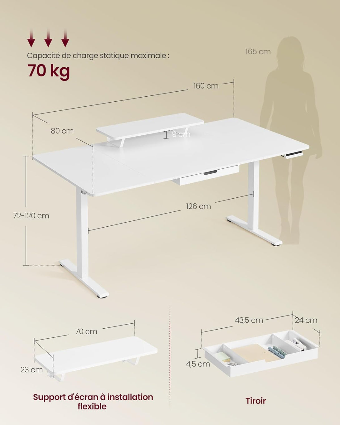 Višinsko nastavljena pisalna miza, 160 x 80 cm, bela – Vasdom.si