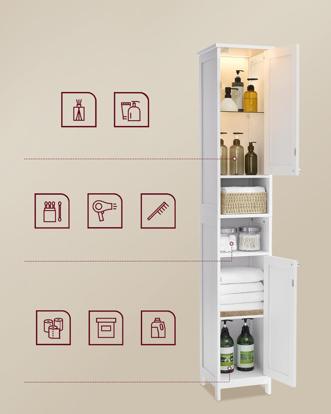 Visoka, ozka kopalniška omarica, 30×30×170 cm, bela | VASAGLE-Vasdom.si