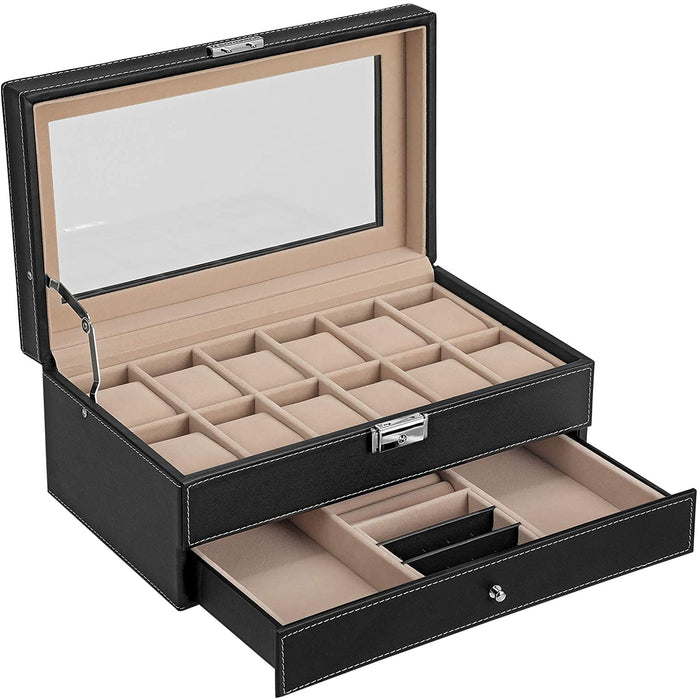 2-prekatna škatla za shranjevanje ur s steklenim pokrovom 32,5 x 11,5 x 19,5 cm, črna | SONGMICS-Vasdom.si