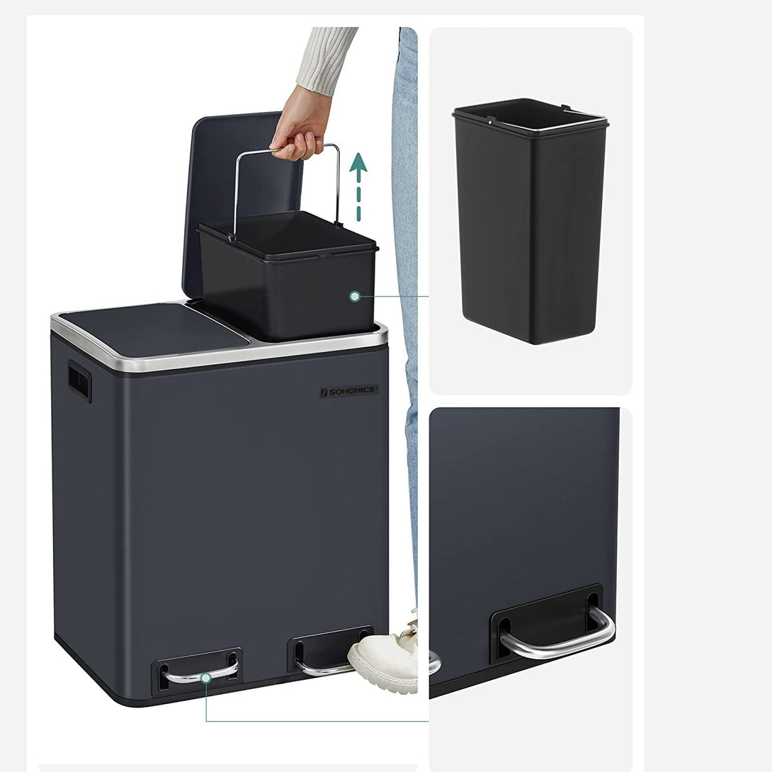 30-litrski kovinski koš za smeti, 2 x 15-litrski zabojnik za smeti, dimno siv | SONGMICS-Vasdom.si