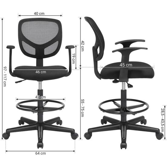 Ergonomski pisarniški stol z naslonjali za roke, višina sedišča 55-75 cm, Črn | SONGMICS-Vasdom.si