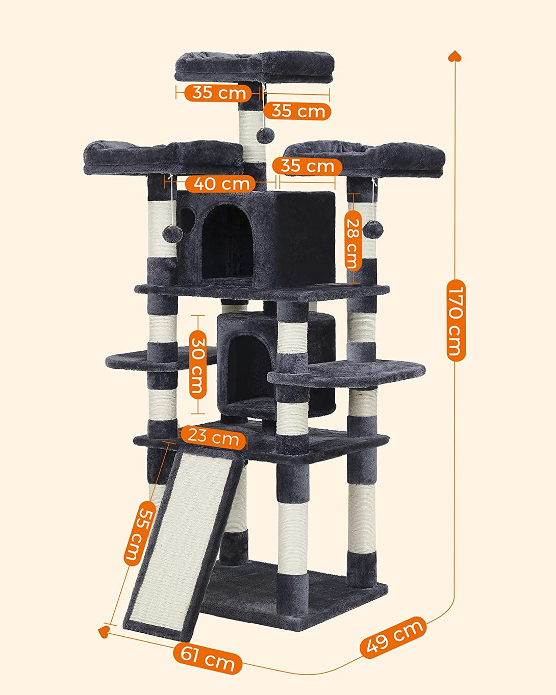 FEANDREA velik mačji praskalnik, XXL mačji stolp s 3 udobnimi razglednimi točkami, višina 172 cm-Vasdom.si