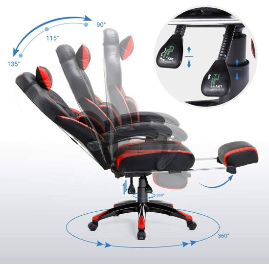 Igralni stol, pisarniški stol z oporo za noge, nastavljiv vzglavnik, ledvena opora | SONGMICS-Vasdom.si