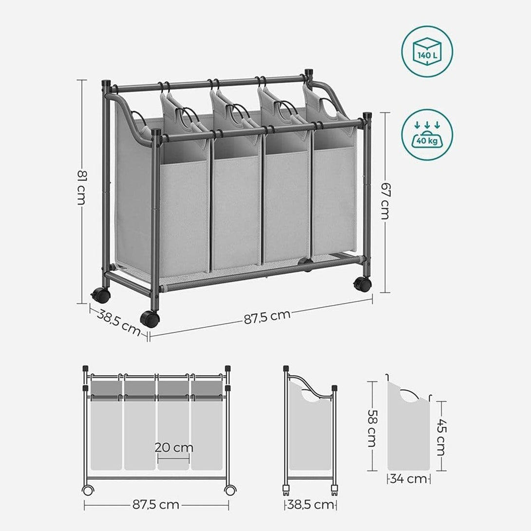 Koš za perilo s kolesi, 4 odstranljive vrečke, voziček za perilo 4 x 35L, siv | SONGMICS-Vasdom.si