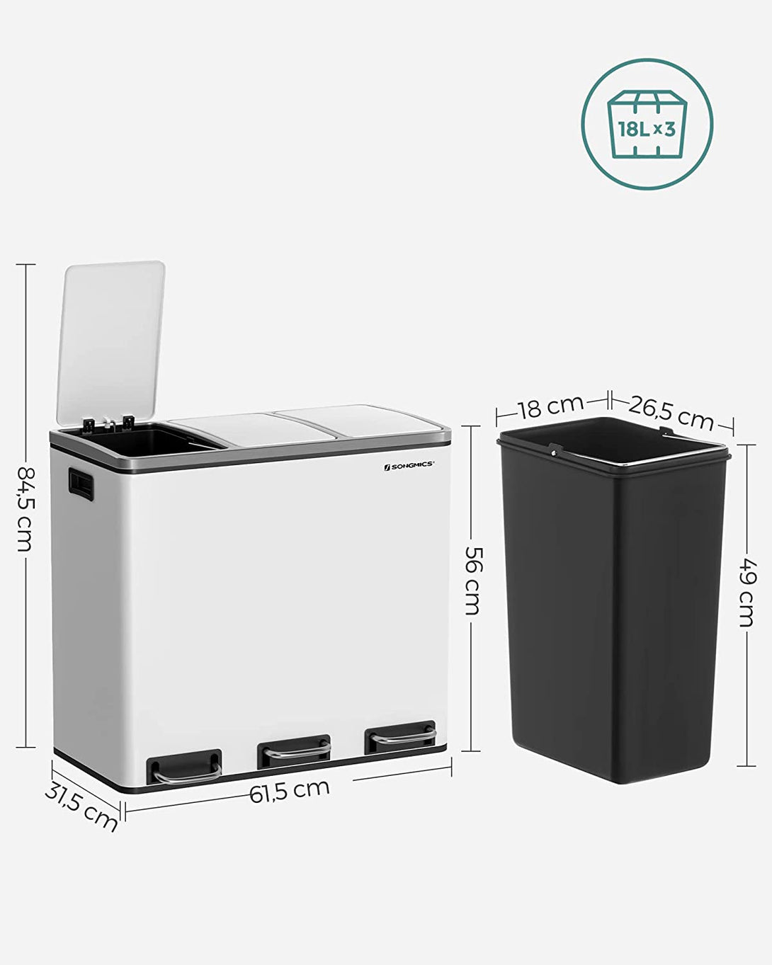 Kuhinjski koš na pedala, Selektivni zbiralnik odpadkov, 3 x 18 L, bel | SONGMICS-Vasdom.si