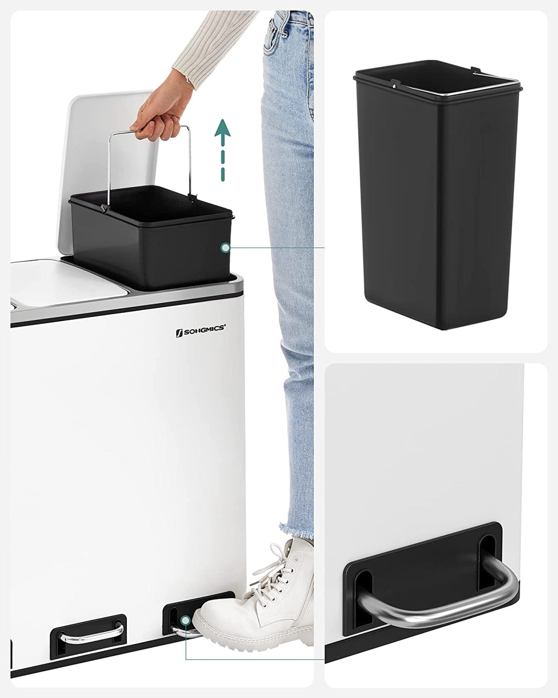 Kuhinjski koš na pedala, Selektivni zbiralnik odpadkov, 3 x 18 L, bel | SONGMICS-Vasdom.si