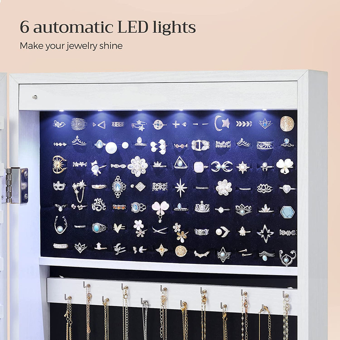 LED omarica za nakit, stenski organizator nakita z ogledalom in 2 predaloma, bela | SONGMICS-Vasdom.si