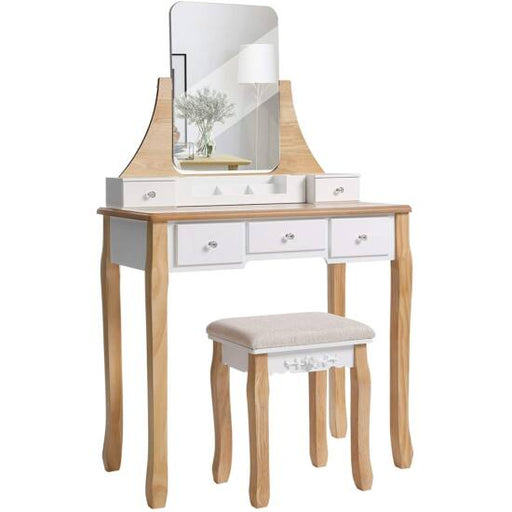 Moderna toaletna mizica, miza za ličenje z 1 stolom, 360° vrtljivo ogledalo, bela/rjava | VASAGLE-Vasdom.si