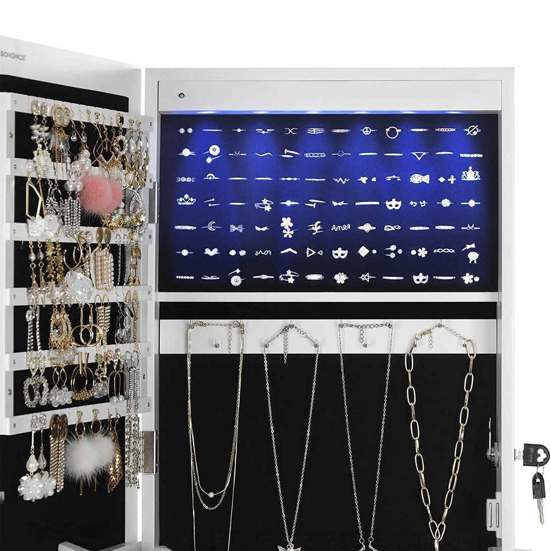 Omarica za nakit Songmics LED osvetlitev z ogledalom, 5 policami in 2 majhnima predaloma, na ključavnico | SONGMICS-Vasdom.si