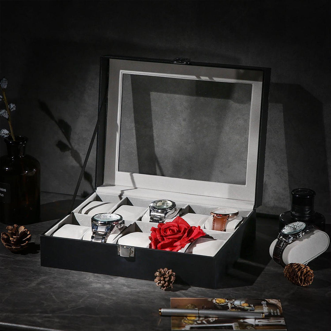 Škatla za ure za 10 ur, etui za ure iz umetnega usnja s steklenim pokrovom, črna | SONGMICS-Vasdom.si