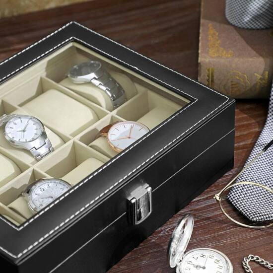 Škatla za uro, držalo za uro iz umetnega usnja s steklenim vrhom, črna | SONGMICS-Vasdom.si