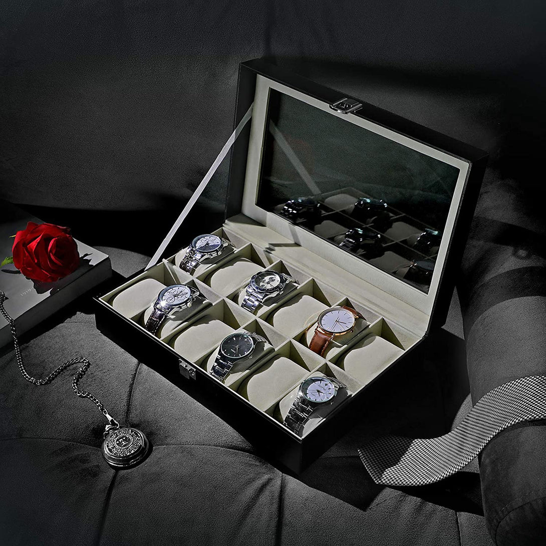 Škatla za uro s steklenim pokrovom, 30 x 8,5 x 21 cm, črno umetno usnje, bež podloga | SONGMICS-Vasdom.si